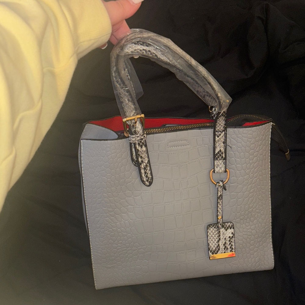 Gray Croc-Embossed Tote Bag with Snake Print Accents